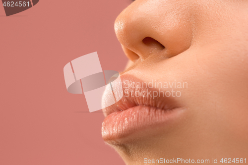 Image of Beautiful woman face lips nose closeup beauty skin care concept