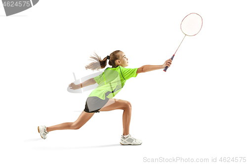 Image of one caucasian young teenager girl woman playing Badminton player isolated on white background