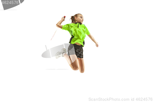 Image of one caucasian young teenager girl woman playing Badminton player isolated on white background