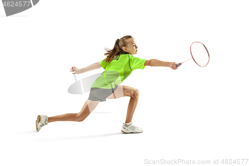 Image of one caucasian young teenager girl woman playing Badminton player isolated on white background