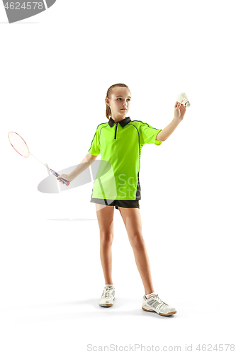 Image of one caucasian young teenager girl woman playing Badminton player isolated on white background