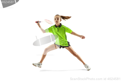 Image of one caucasian young teenager girl woman playing Badminton player isolated on white background