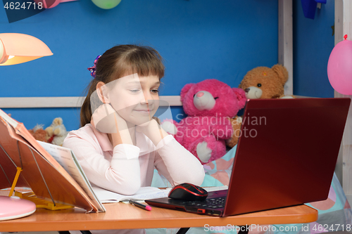 Image of The girl saw her friends in an online conference in a lesson at home