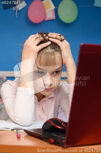 Image of Girl can not solve the difficult task of studying online