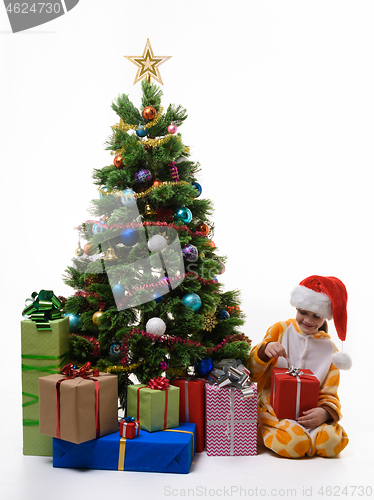 Image of Girl unpacks a Christmas present at the Christmas tree