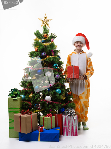 Image of A girl stands with a red gift near the Christmas tree