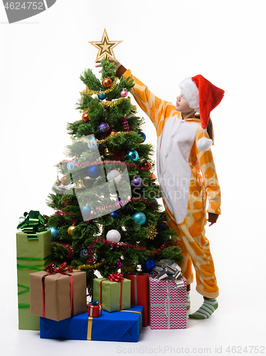 Image of Girl puts a tip on top of the Christmas tree