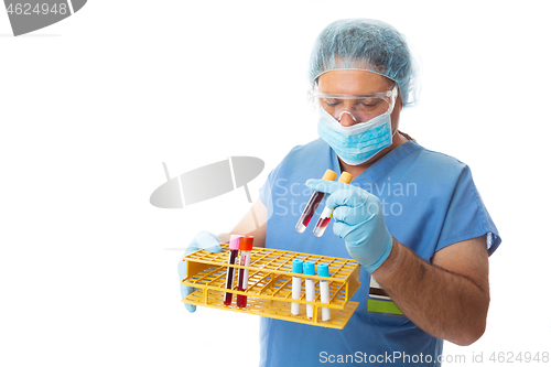 Image of Healthcare worker or pathologist carrying blood test samples in 