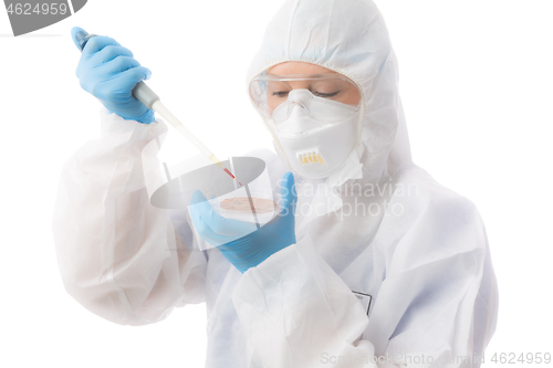 Image of Laboratory worker wearing protective hazmat biosecurity suit ana