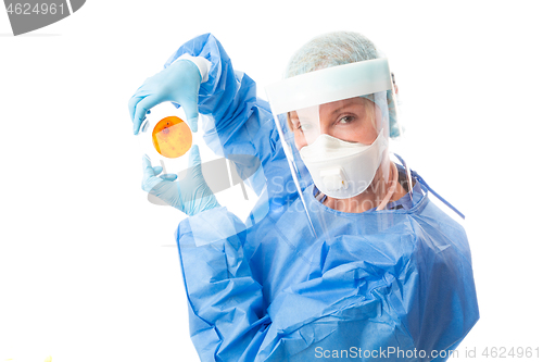 Image of Pathology sceintist in biosecurity suit and PPE holds up a petri