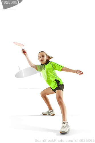 Image of one caucasian young teenager girl woman playing Badminton player isolated on white background