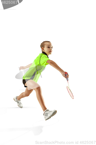 Image of one caucasian young teenager girl woman playing Badminton player isolated on white background