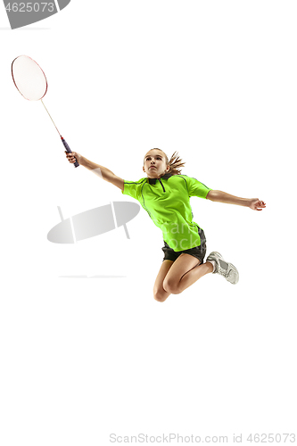 Image of one caucasian young teenager girl woman playing Badminton player isolated on white background