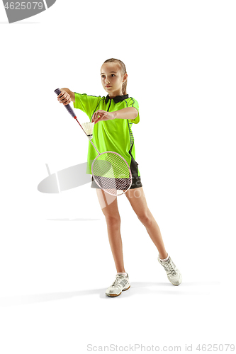 Image of one caucasian young teenager girl woman playing Badminton player isolated on white background