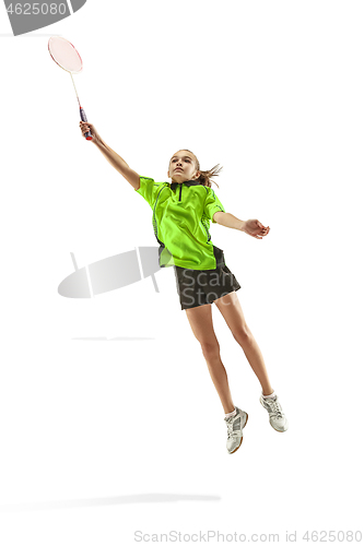 Image of one caucasian young teenager girl woman playing Badminton player isolated on white background