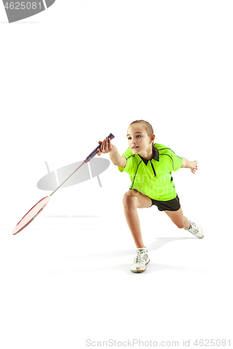 Image of one caucasian young teenager girl woman playing Badminton player isolated on white background