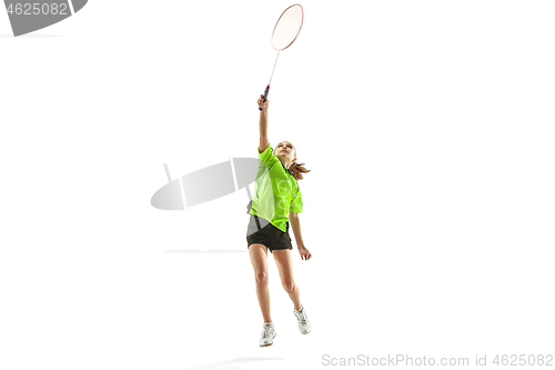 Image of one caucasian young teenager girl woman playing Badminton player isolated on white background