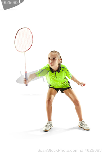 Image of one caucasian young teenager girl woman playing Badminton player isolated on white background