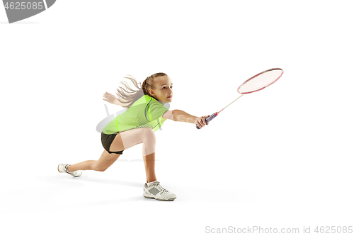 Image of one caucasian young teenager girl woman playing Badminton player isolated on white background