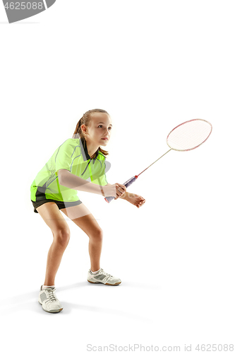 Image of one caucasian young teenager girl woman playing Badminton player isolated on white background