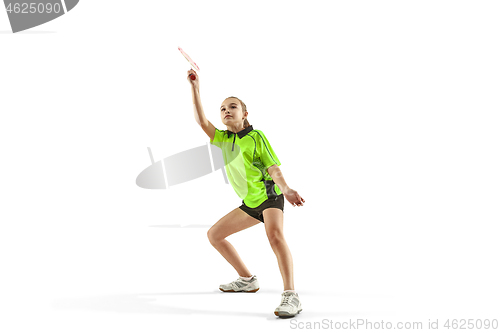 Image of one caucasian young teenager girl woman playing Badminton player isolated on white background