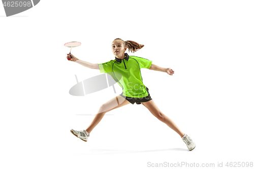 Image of one caucasian young teenager girl woman playing Badminton player isolated on white background