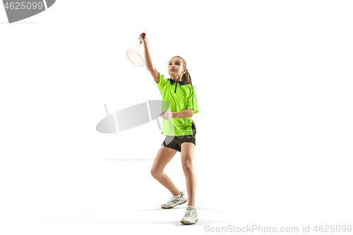 Image of one caucasian young teenager girl woman playing Badminton player isolated on white background