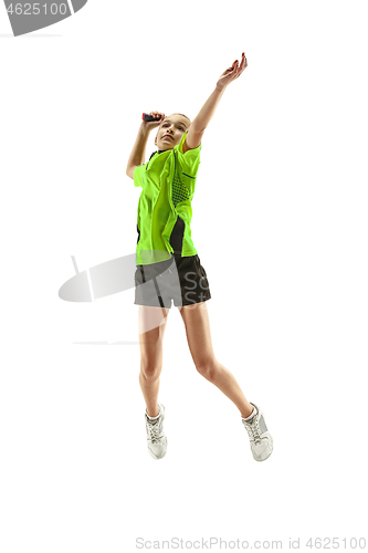 Image of one caucasian young teenager girl woman playing Badminton player isolated on white background