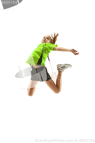 Image of one caucasian young teenager girl woman playing Badminton player isolated on white background