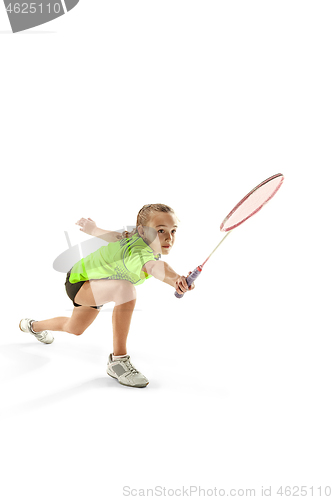 Image of one caucasian young teenager girl woman playing Badminton player isolated on white background