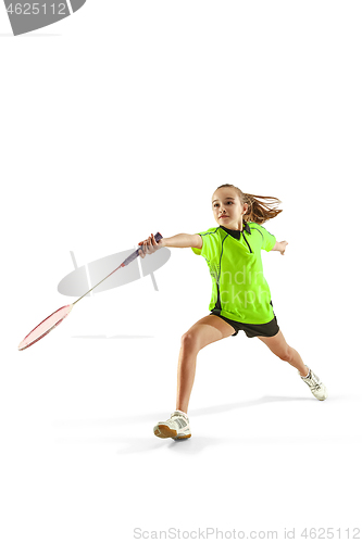 Image of one caucasian young teenager girl woman playing Badminton player isolated on white background