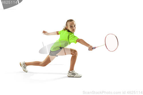 Image of one caucasian young teenager girl woman playing Badminton player isolated on white background