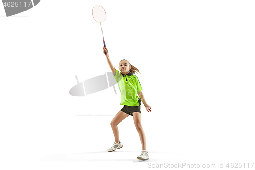 Image of one caucasian young teenager girl woman playing Badminton player isolated on white background