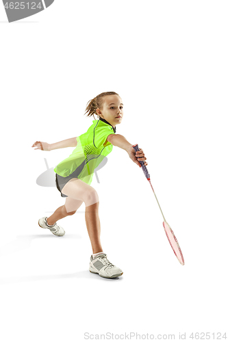 Image of one caucasian young teenager girl woman playing Badminton player isolated on white background