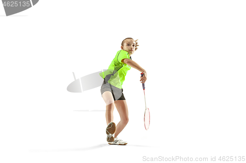 Image of one caucasian young teenager girl woman playing Badminton player isolated on white background