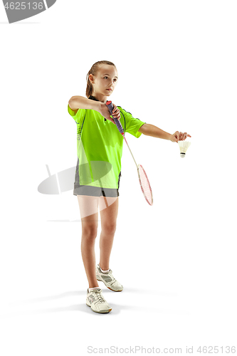 Image of one caucasian young teenager girl woman playing Badminton player isolated on white background