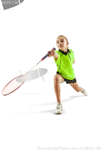 Image of one caucasian young teenager girl woman playing Badminton player isolated on white background