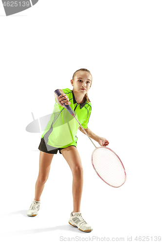 Image of one caucasian young teenager girl woman playing Badminton player isolated on white background