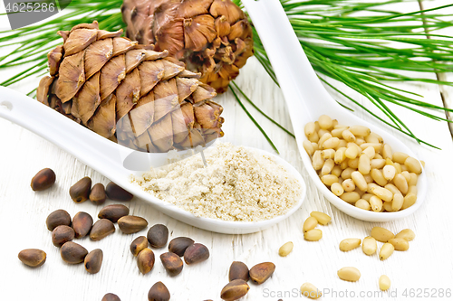 Image of Flour cedar and nuts in two spoons on light board