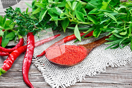 Image of Peppers red powder in wooden spoon on board