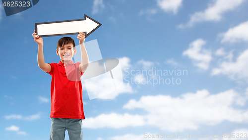 Image of boy holding big white rightwards thick arrow