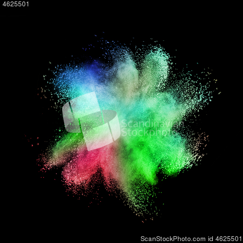 Image of Chaotic multicolored powder explosion on a black background.