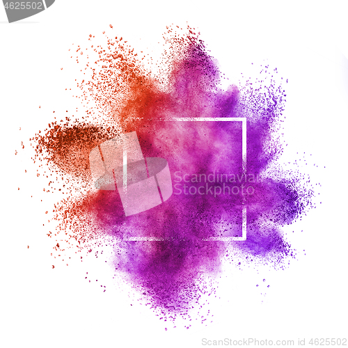 Image of Red purple powder explosion in a frame on a white background.