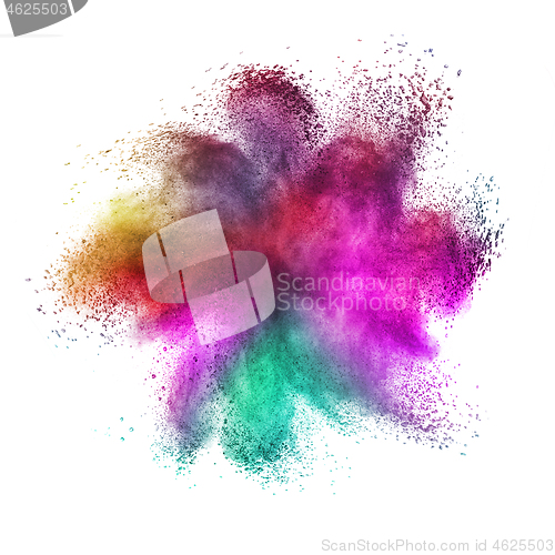 Image of Abstract multicolored powder explosion on a white background.