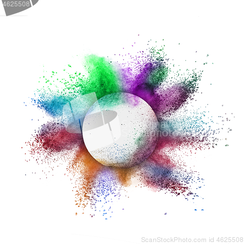 Image of Round frame with colorful powder splash on a white background.