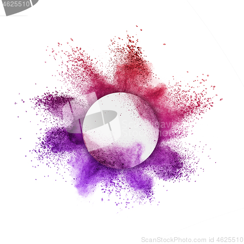 Image of Colorful powder splash in round frame on a white background.