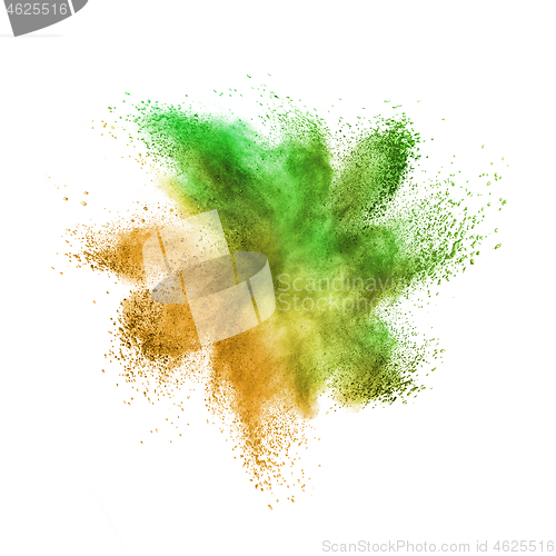 Image of Creative colorful powder or dust explosion on a white background.