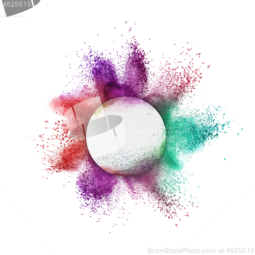 Image of Colorful powder splash in a round frame on a white background.