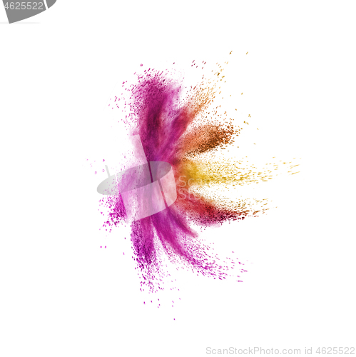 Image of Colorful powder or dust explosion on a white background.