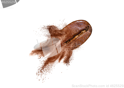 Image of Flying coffee bean with powder splash on a white background.